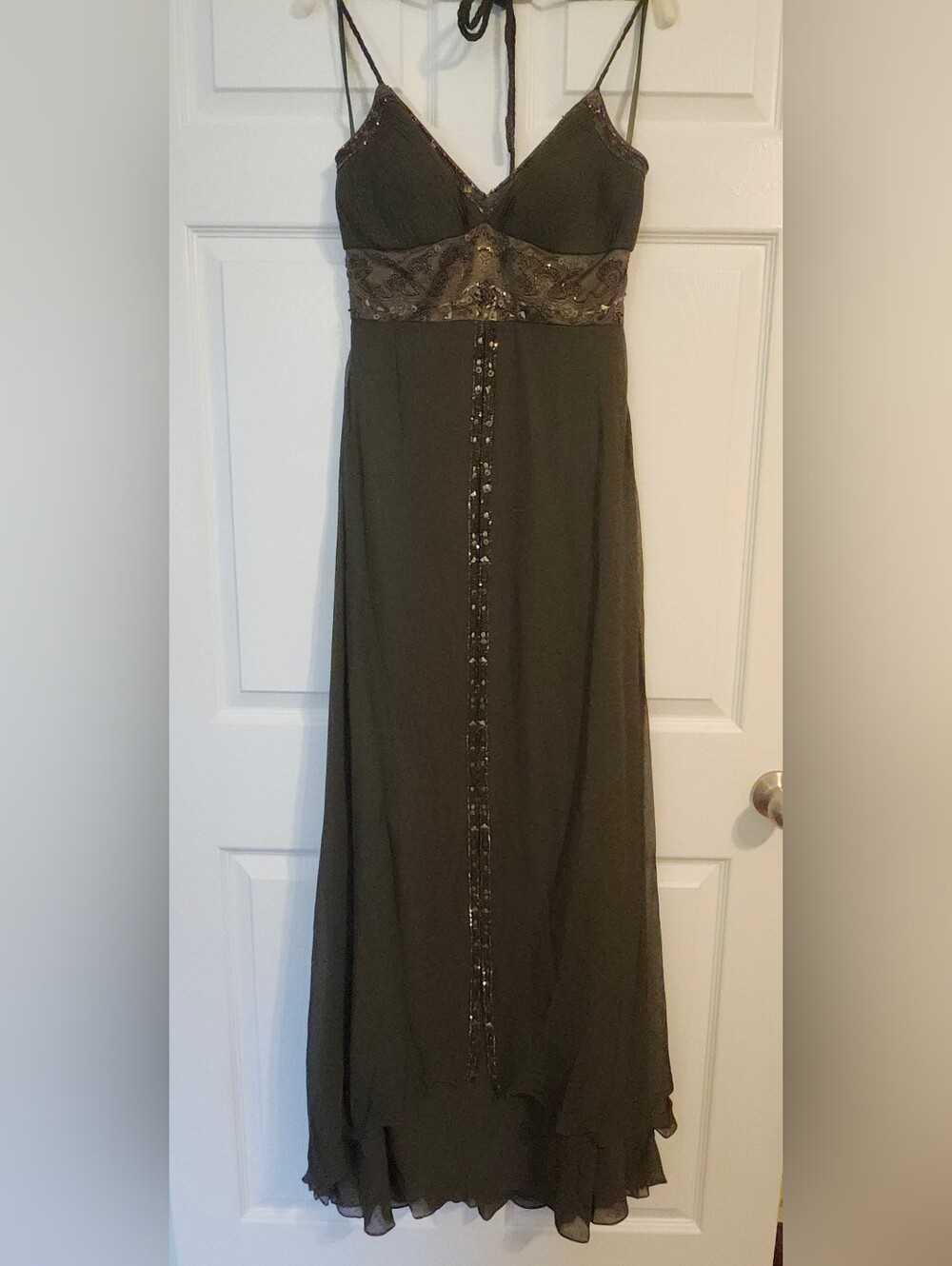 Sue Wong Nocturne Olive Green Silk Beaded Gown
